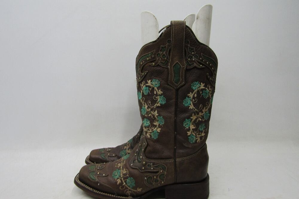 Corral Womens Size 8 M Brown Leather Studded Floral Western Cowboy Boots